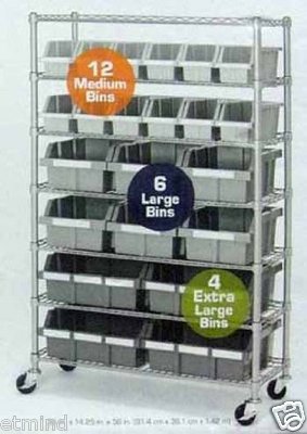 COMMERCIAL BIN PARTS STORAGE RACK STEEL 7 SHELF SHELVING & 22 BINS 54x36x14