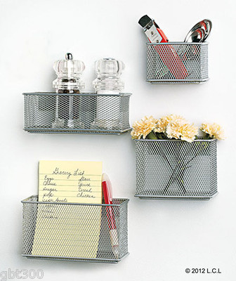 4 Magnetic Mesh Baskets IN STOCK Fridge Silver Storage Bins Set Filing Cabinet